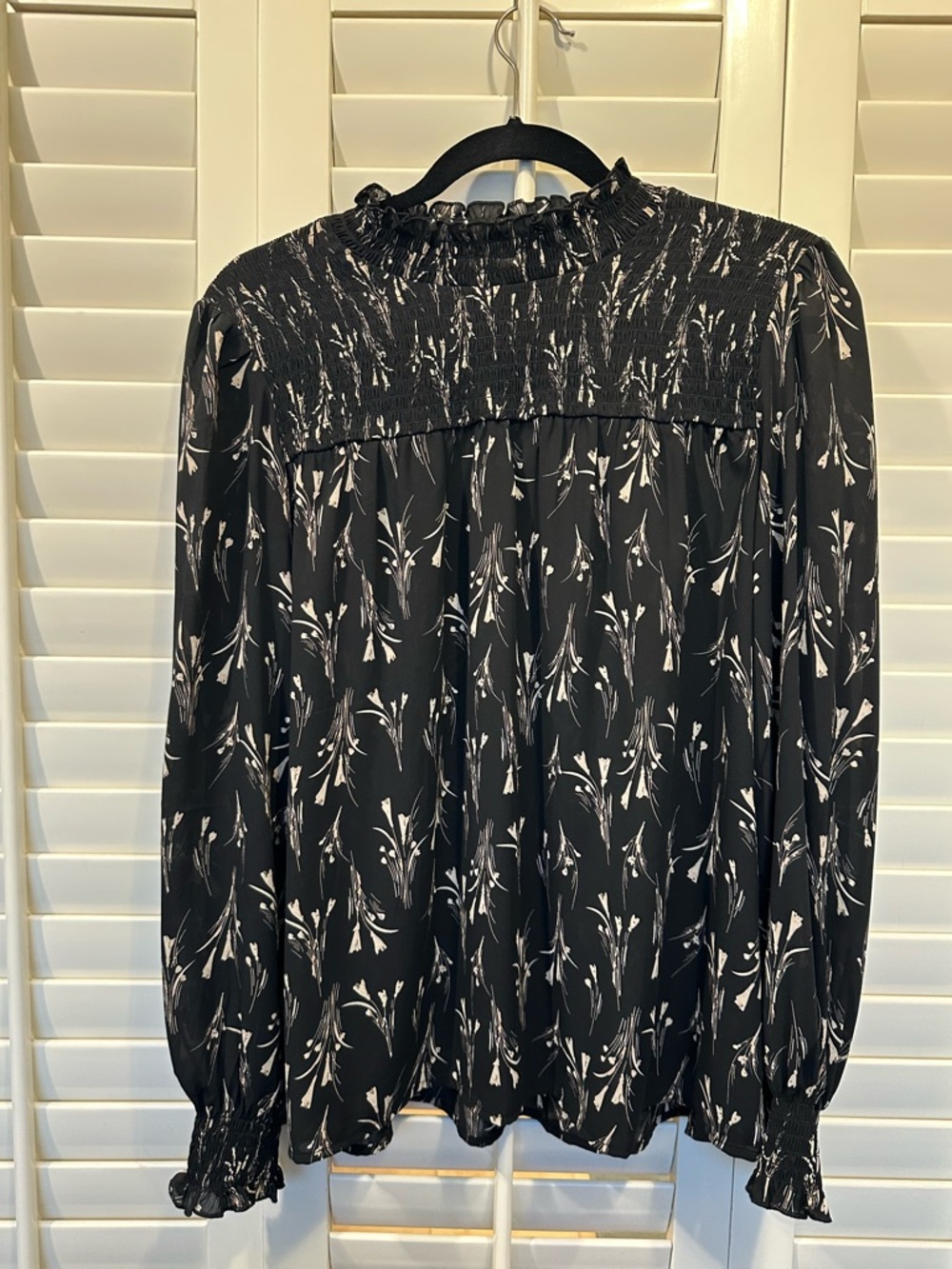 Black Floral Smocked Yoke Long Sleeve Blouse